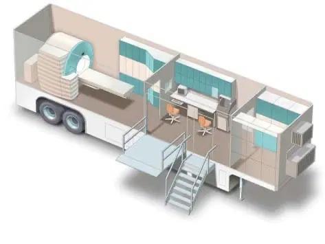 Illustrated layout of a mobile MRI trailer with scanner, control room, and patient access stairs.
