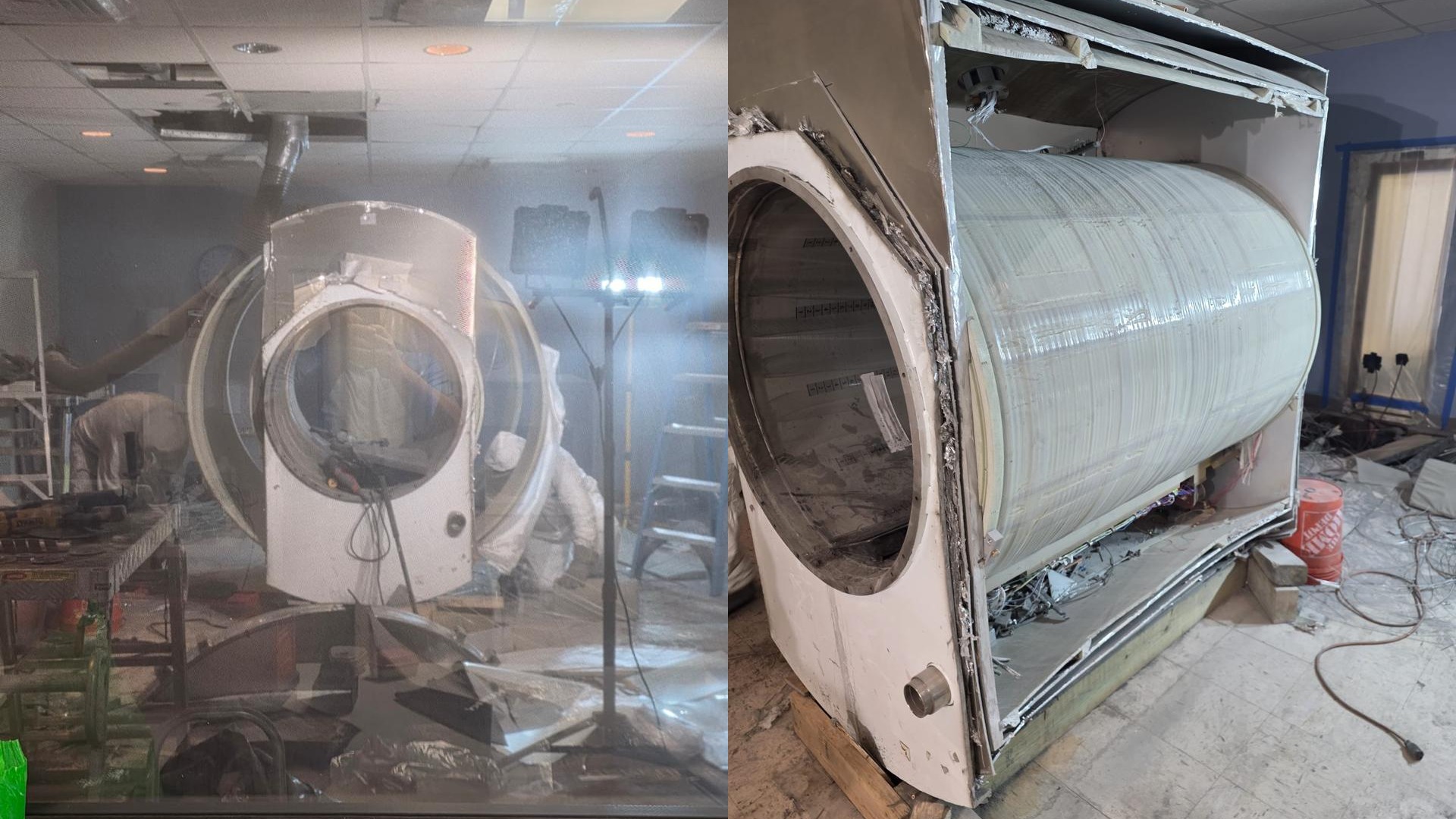 MRI magnet removal field photos during controlled room deinstallation.
